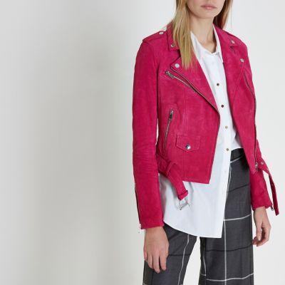 Bright pink suede biker jacket