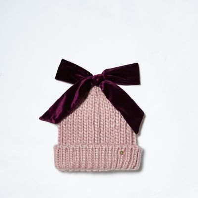 Light pink velvet bow top knit beanie hat