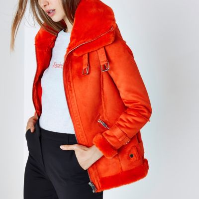 Bright orange faux fur trim aviator jacket