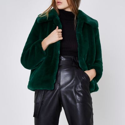 Green faux fur puffball coat