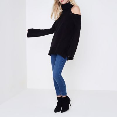 Black roll neck cold shoulder jumper