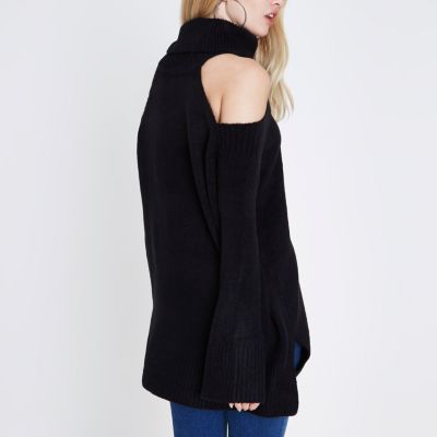 Black roll neck cold shoulder jumper