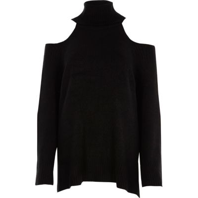 Black roll neck cold shoulder jumper