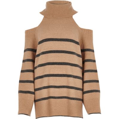 Beiger Rollkragenpullover mit Streifen