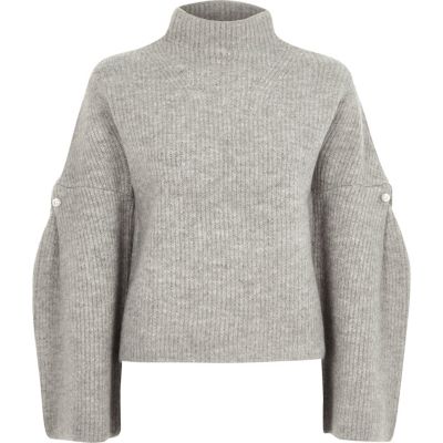 Pull en maille gris à manches larges et encolure montante Petite