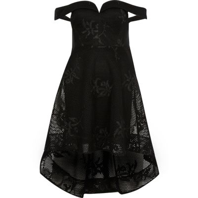 Schwarzes, asymmetrisches Bardot-Kleid mit Verzierung