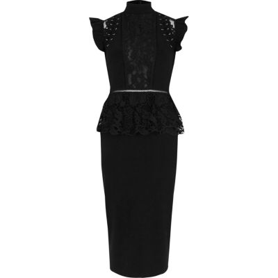 River Island Zwarte bodycon midi-jurk met oogjes en kanten peplum