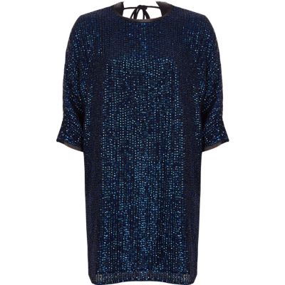 River Island Marineblauwe wijduitlopende verfraaide T-shirtjurk