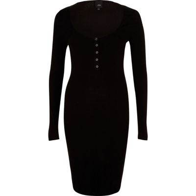 Black Long Sleeve Ribbed Bodycon Dress - Bodycon Dresses - Dresses - Women