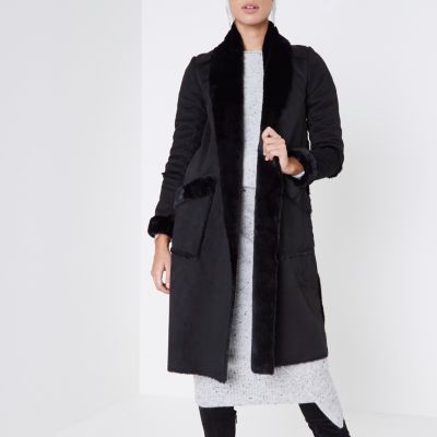Black faux suede shearling coat
