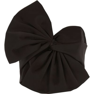 Black oversized bow bandeau satin crop top