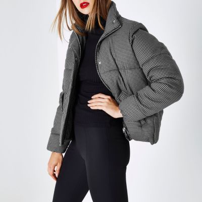 Grey dogtooth check puffer jacket