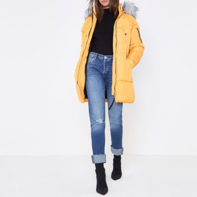 Yellow longline faux fur trim puffer jacket