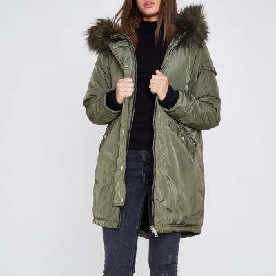 Khaki faux fur trim split hood parka