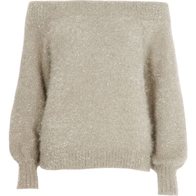 Pull Bardot en fil métallisé doré