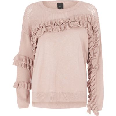 Light pink knit frill front jumper