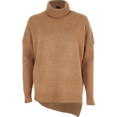 Camel asymmetric hem roll neck knit jumper