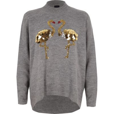 Dark grey sequin flamingo turtle neck jumper