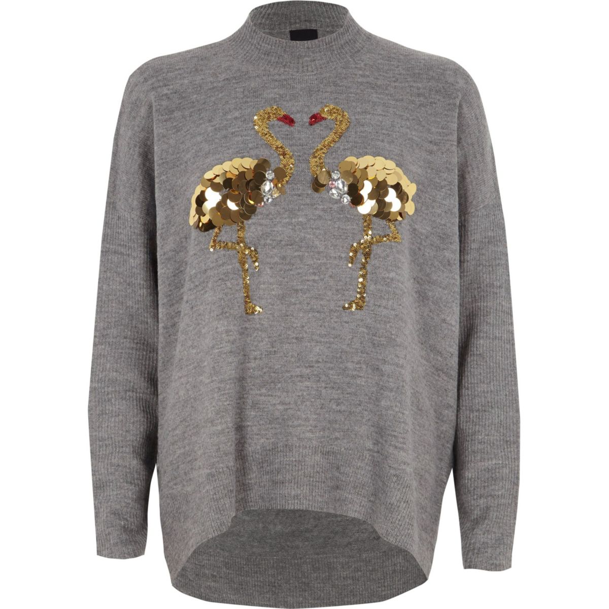 Dark grey sequin flamingo turtle neck jumper