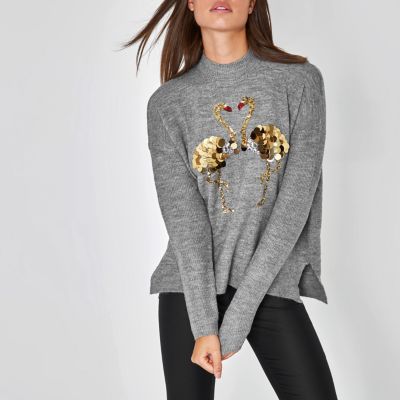 Dark grey sequin flamingo turtle neck jumper