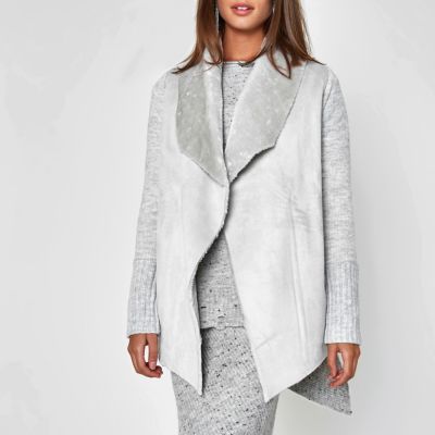 Light grey faux shearling fallaway cardigan