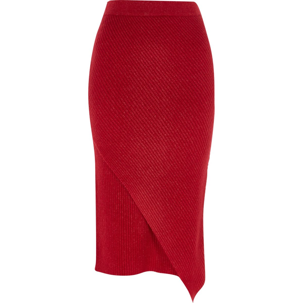 Red knit wrap front midi skirt