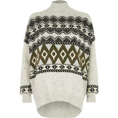 Pull en jacquard gris à col montant