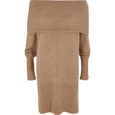 River Island Beige trui-jurk met bardothalslijn