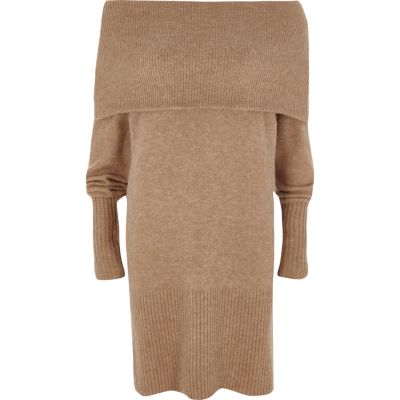 Beige foldover bardot jumper dress