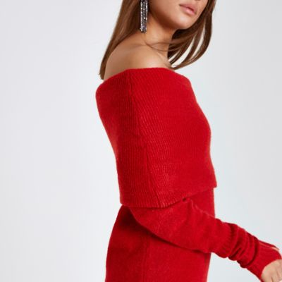 Red foldover bardot jumper dress