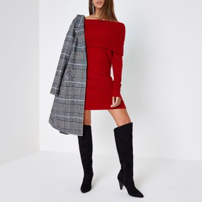 Red foldover bardot jumper dress