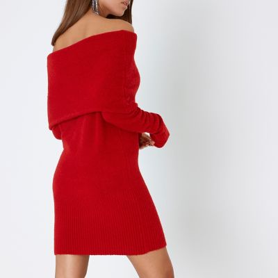 Red foldover bardot jumper dress