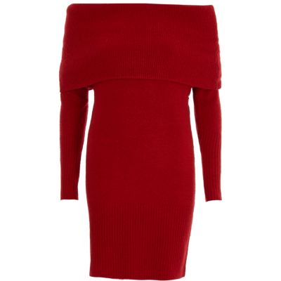 River Island Rode trui-jurk met bardothalslijn