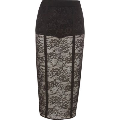 Black lace panel pencil skirt