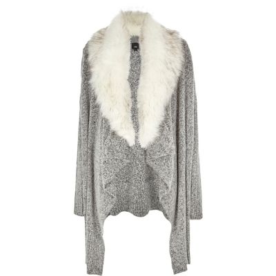 Grey faux fur collar waterfall cardigan