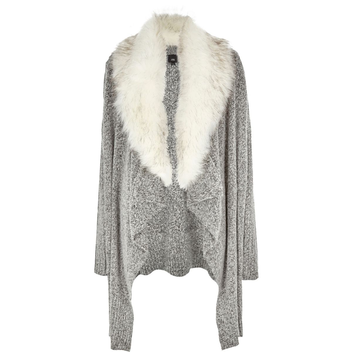 Grey faux fur collar waterfall cardigan