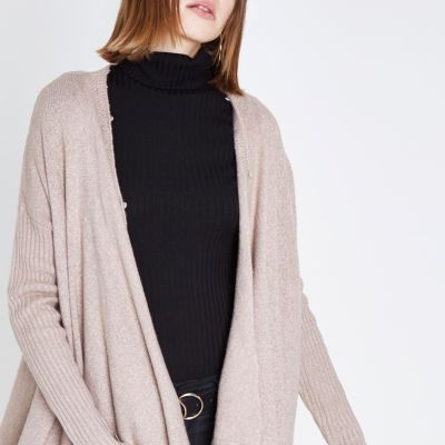 Beige faux fur collar waterfall cardigan