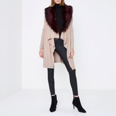 Beige faux fur collar waterfall cardigan