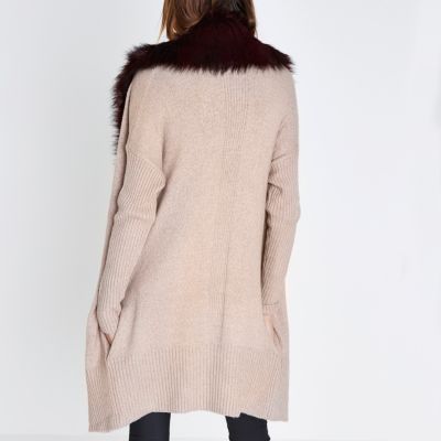 Beige faux fur collar waterfall cardigan