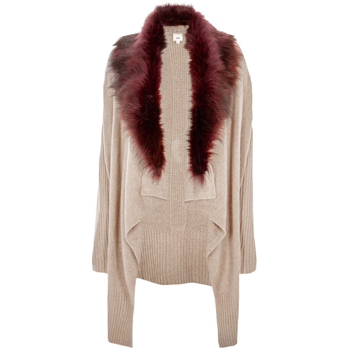 Beige faux fur collar waterfall cardigan
