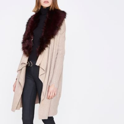 Beige faux fur collar waterfall cardigan
