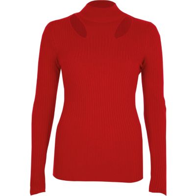 Top en maille côtelée rouge à encolure haute et découpe