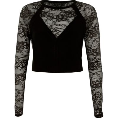 Black lace insert long sleeve fitted top