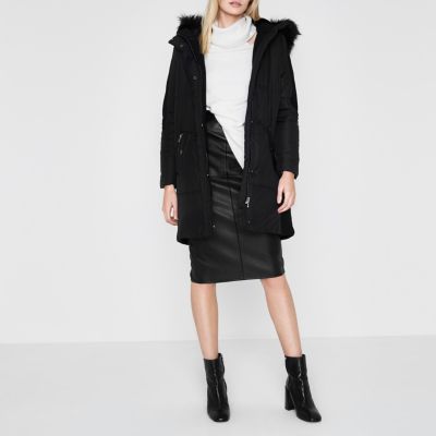 Black faux fur trim longline puffer jacket