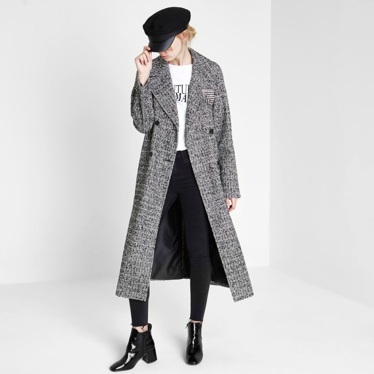 Black brooch double breasted long coat - Coats - Coats & Jackets ...