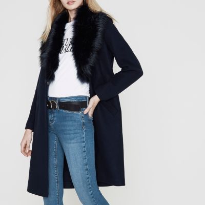 Navy faux fur collar coat