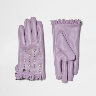 Lichtpaarse leren handschoenen met studs en ruches