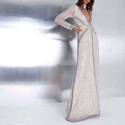 River Island Nude verfraaide maxi-jurk met chokerhals