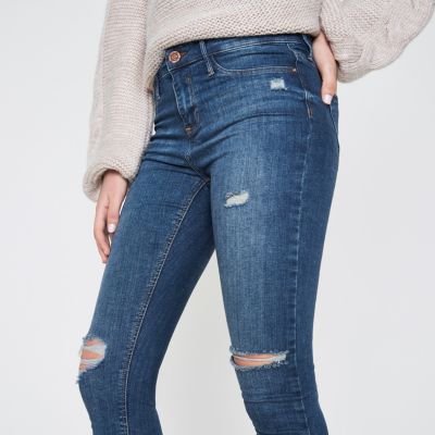 Mid blue Molly distressed frayed hem jeggings
