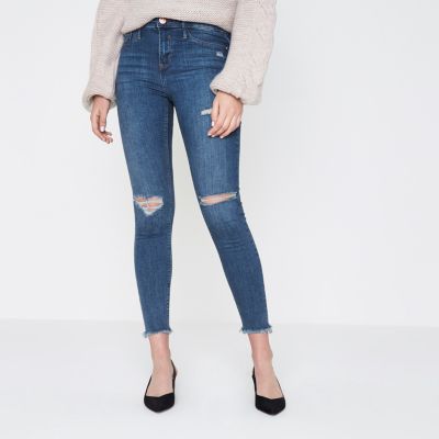 Mid blue Molly distressed frayed hem jeggings
